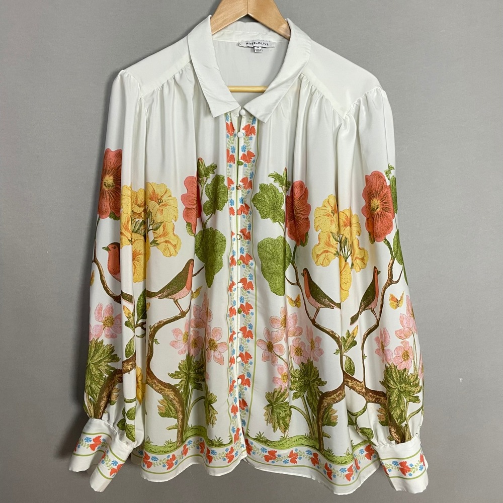 Rose + Olive Bird Blouse Floral Print Botanical Button Up Top White Long Sleeve
